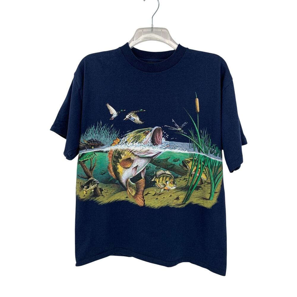 Vintage 90s Habitat T Shirt Mens XL Blue All Over Print Freshwater Bass Fish